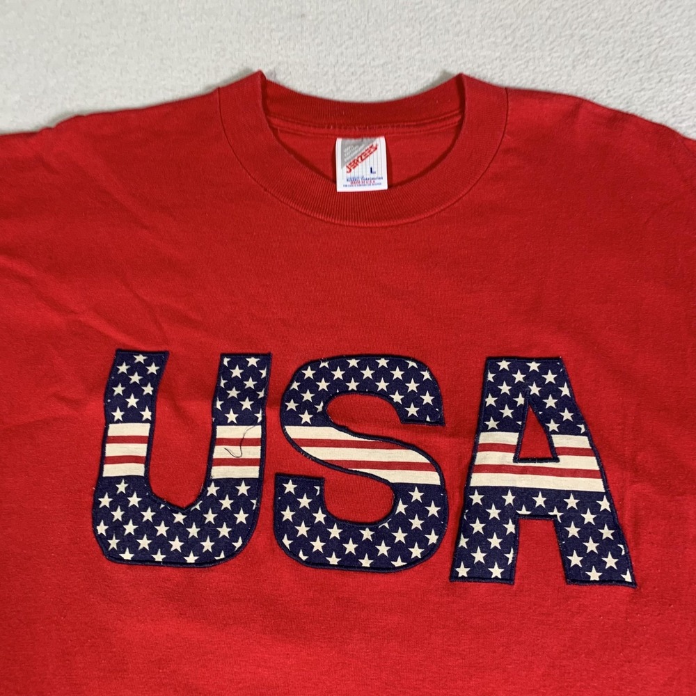 Vintage USA Shirt Mens Large Red Jerzees American Flag Graphic Made USA 90s
